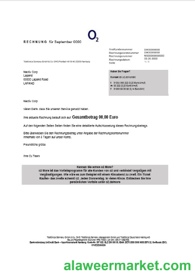Germany RECHNUNG O2 business utility bill template in Word and PDF formats